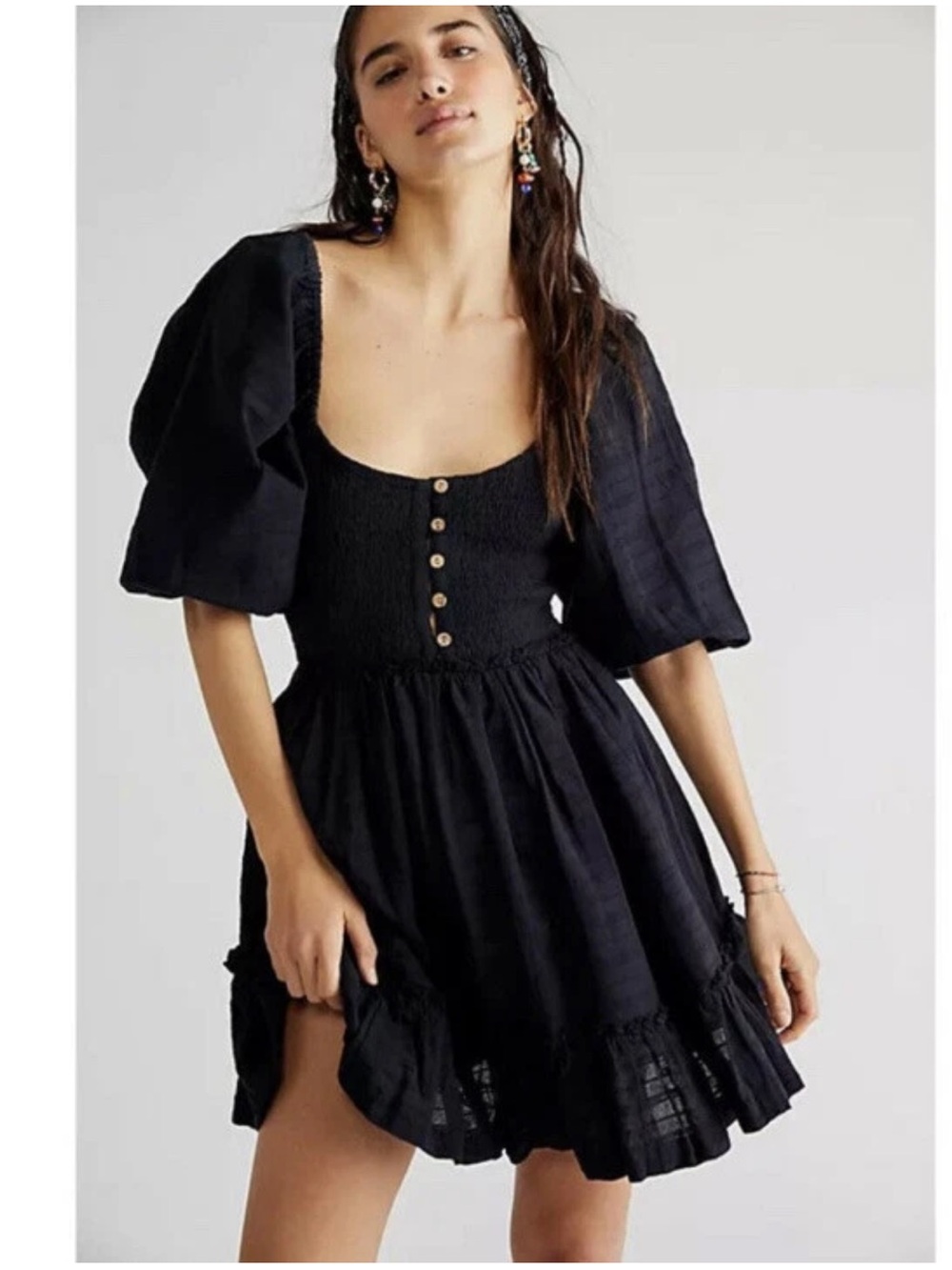 Free People Black Puff-Sleeve Smocked Mini Dress